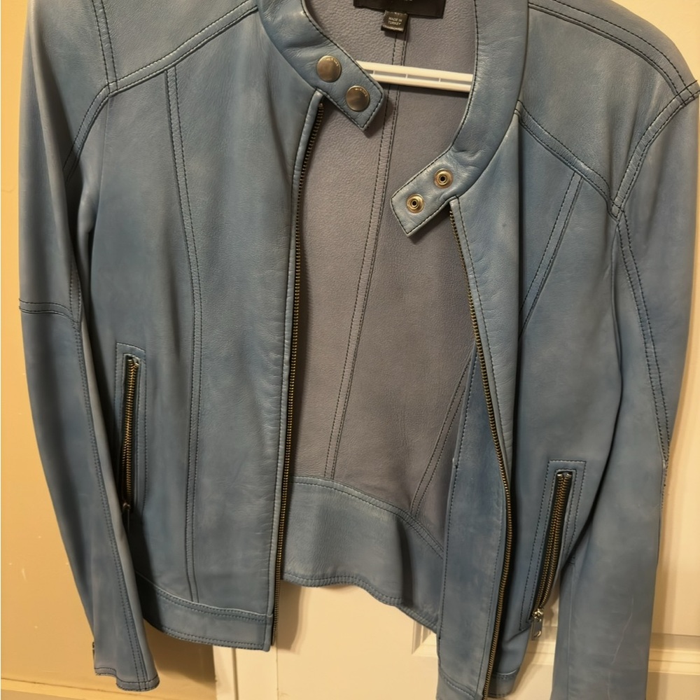 Diesel Blue Leather Jacket Fitted Cropped Style